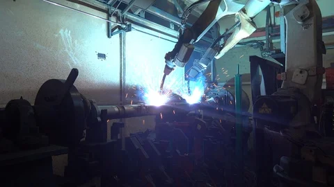 Robotic Arm Welding Machine Technology for manufacturing automotive industrial  Stock Footage 112990175