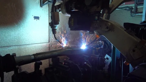 Robotic Arm Welding Machine Technology for manufacturing automotive industrial  Stock Footage 112994707