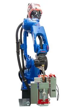 Robotic arm with welding torch, clean industrial environment, blue robotic .. Stock Photos