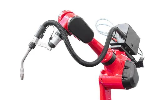 Robotic arm on white background, featuring precision engineering, intricate d Fotos de archivo