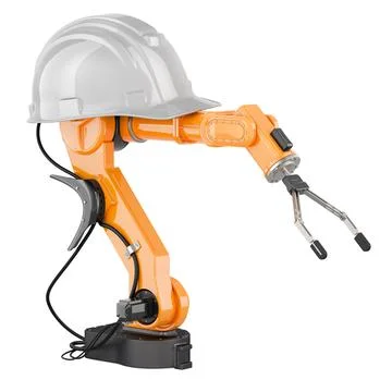 Robotic arm with white hard hat, 3D rendering Stock Illustration