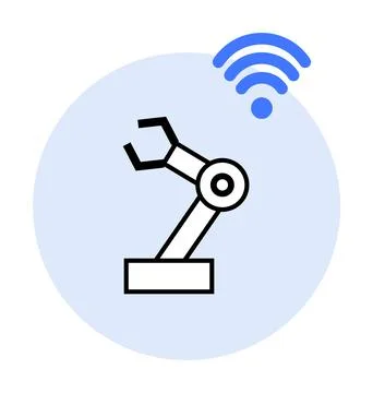 Robotic Arm With Wireless Connection Signal on Light Blue Background Illustrazione stock