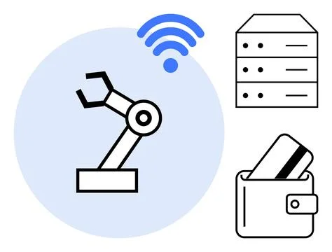 Robotic arm with wireless, server stack, and wallet with credit card represen Illustrazione stock