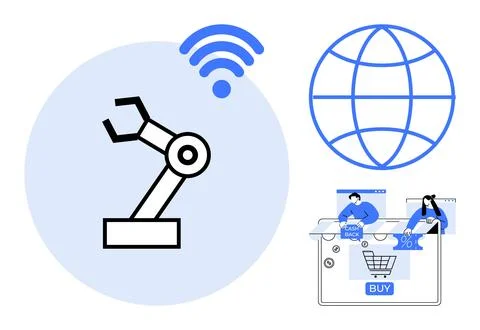 Robotic arm with wireless signal, globe signifying connectivity, and e-commer Stock Illustration