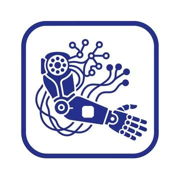 Robotic arm with wires and microchip connections on blue. Illustrazione stock