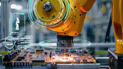 Robotic arm working on circuit board with digital display in factory 스톡 동영상 316083157