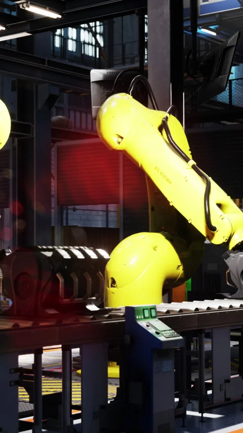 Robotic arm working in a factory during daytime with machinery in background Stock Footage 342188952