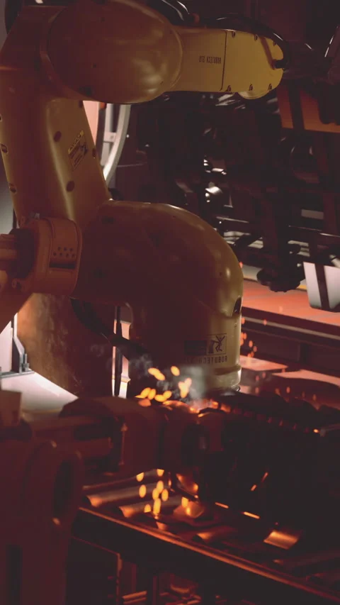 Robotic arm works in factory setting during night shift operations Stock Footage 341039168