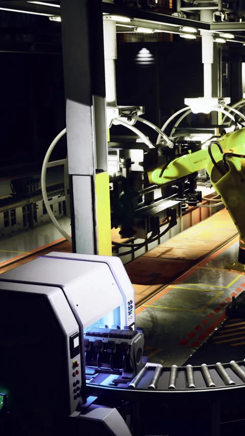 Robotic arm works in a high tech facility at night Stock Footage 331834846