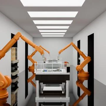 Robotic arms are assembling high-end technology circuit boards in a modern .. Illustrazione stock