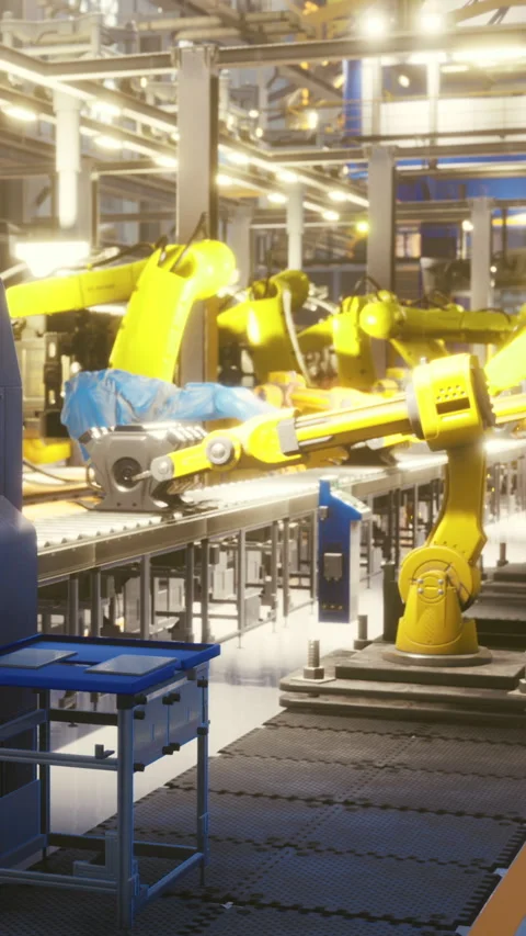 Robotic arms assemble components in a vibrant modern manufacturing facility Stock Footage 335234291