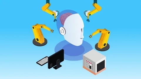 Robotic Arms Assembling Artificial Intelligence Android Head in Tech Factor.. Stockbeeldmateriaal 337954697