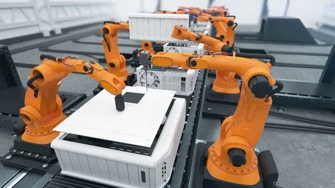 Robotic Arms Assembling Computers On Conveyor Belt Close-up. Advanced Automated 動画素材 83306400