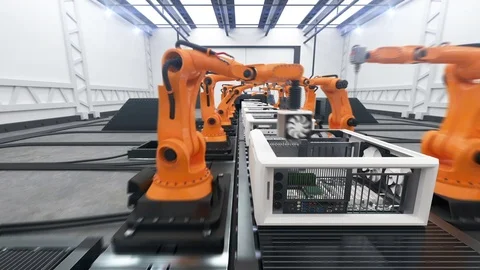 Robotic Arms Assembling Computers On Conveyor Belt. Modern Advanced Automated Stock Footage 83306485