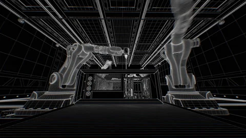 Robotic Arms Assembling Computers on Conveyor Belt, Grid Blueprint Loop 3d Stock Footage 309625462