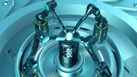 Robotic Arms Assembling Glowing Cylinder – Futuristic Factory Stock-Footage 332711862
