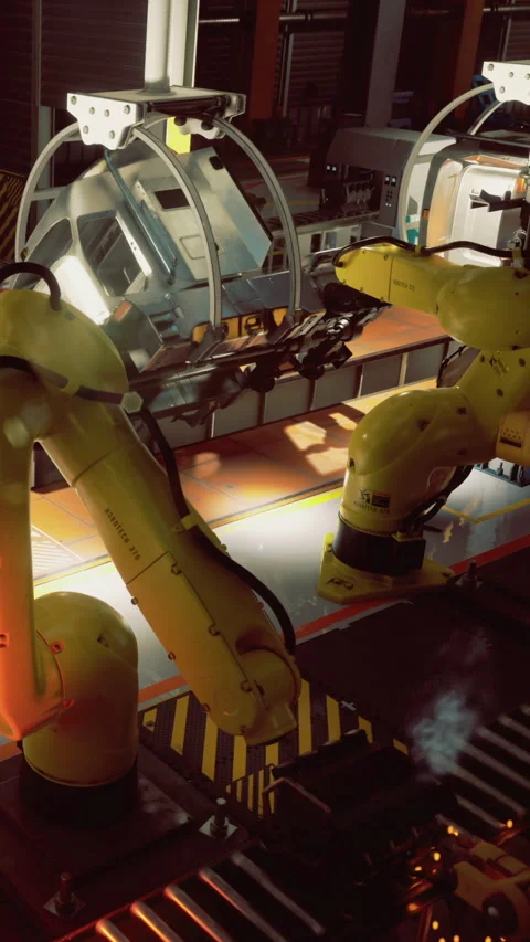 Robotic arms assembling modern machines in a high tech factory Stock Footage 331839665