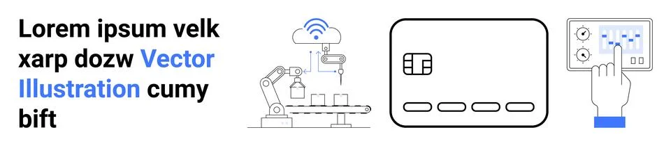 Robotic arms assembling products, touchscreen operation, technical diagrams,  Illustrazione stock