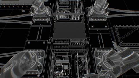 Robotic Arms at Computers Production on Conveyor Belt, Grid Blueprint Loop 3d Stock Footage 310778439