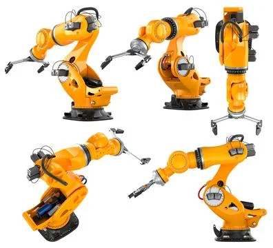 Robotic Arms different front, top, side views. 3D rendering Stock Illustration