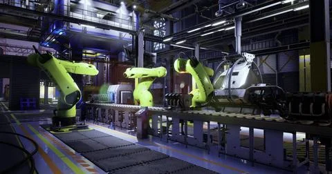 Robotic arms engaging in assembly process in modern industrial facility Stock Illustration