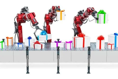 Robotic arms with gift boxes on the conveyor belt, 3D rendering Illustrazione stock