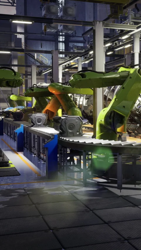 Robotic arms harmoniously assemble at a high tech factory Stock Footage 331695087