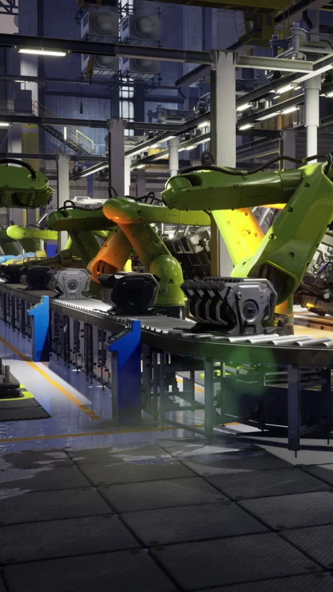 Robotic arms harmoniously assemble at a high tech factory Stock Footage 335451305
