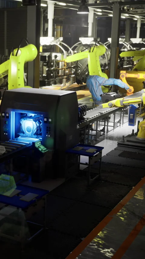 Robotic arms in a high tech factory assembly line Stock Footage 340078600