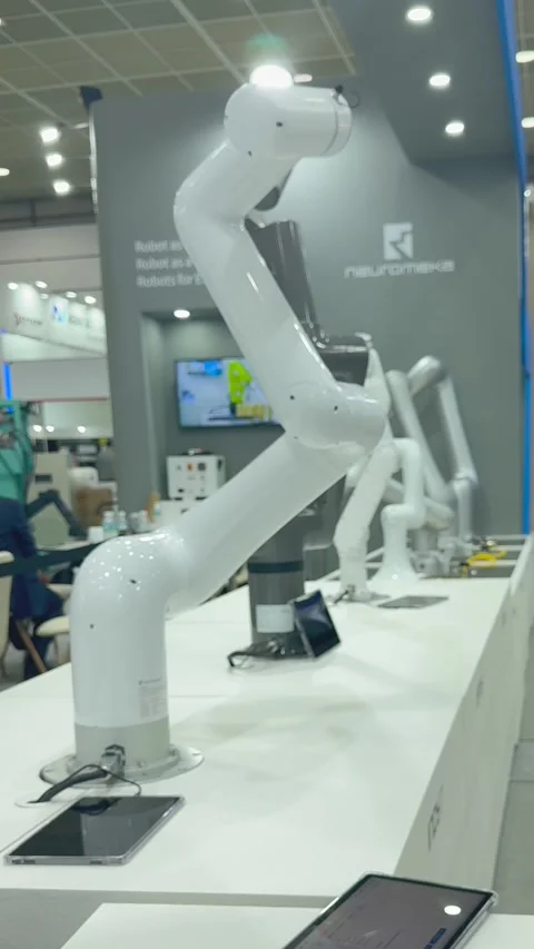 Robotic Arms Lineup at Tech Expo Showcases Collaborative Robotic Arms in Stock Footage 313584461