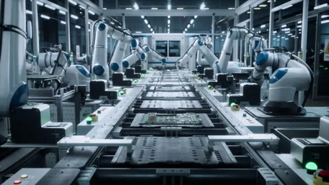 Robotic Arms Making Circuit Boards at Factory Stock Footage 318068704