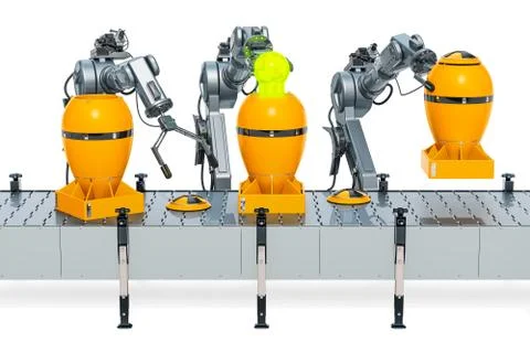 Robotic arms with nuclear atomic bombs on the conveyor belt, 3D rendering Stock Illustration