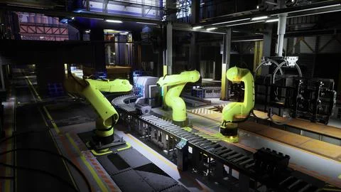 Robotic arms operate on an assembly line in a modern manufacturing facility Stock Illustration