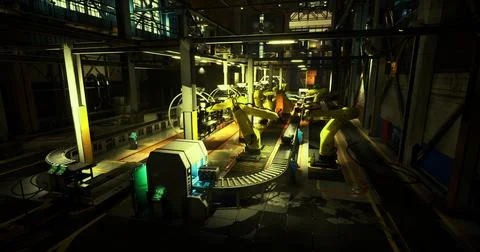 Robotic arms operate on an assembly line in a dimly lit manufacturing facilit Stockillustratie