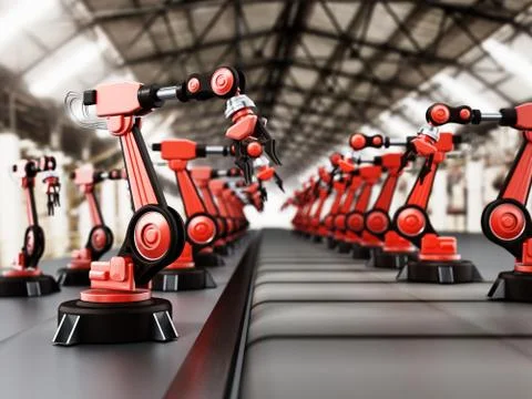 Robotic arms standing in a line inside a factory. 3D illustration Stock Illustration