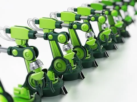 Robotic arms standing in a line inside a factory. 3D illustration Stock Illustration