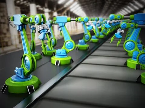Robotic arms standing in a line inside a factory. 3D illustration Stock Illustration