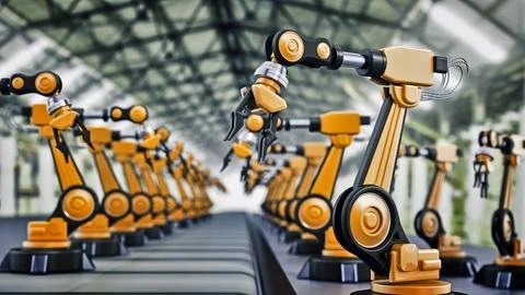 Robotic arms standing in a line inside a factory. 3D illustration Stock Illustration