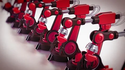 Robotic arms standing in a line inside a factory. 3D illustration Illustrazione stock