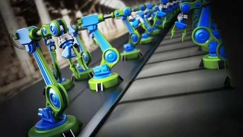 Robotic arms standing in a line inside a factory. 3D illustration Stock Illustration