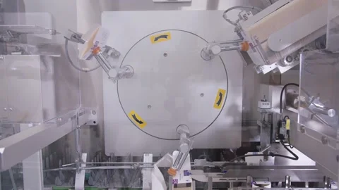 Robotic arms taking the carton boxes for medicine and putting it to conveyor Stock Footage 200856931