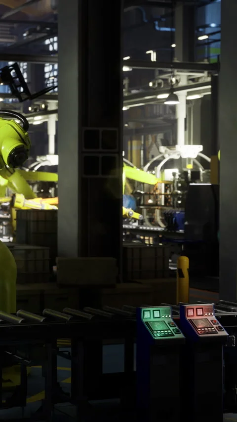 Robotic arms in a vibrant factory setting create seamless production flow Stock Footage 331833847
