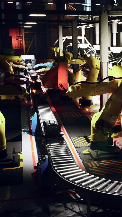 Robotic arms work on assembly line in a factory at night Stock Footage 339044375