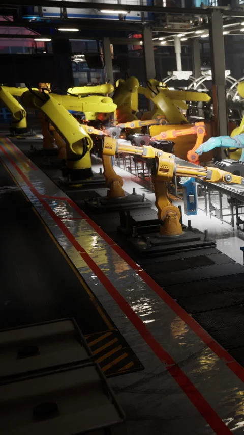 Robotic arms work on an assembly line in a factory during nighttime Stock Footage 339771757