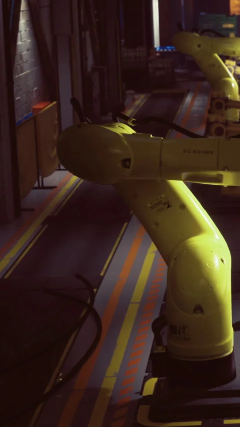 Robotic arms work efficiently in a modern industrial facility at night Stock Footage 331834309