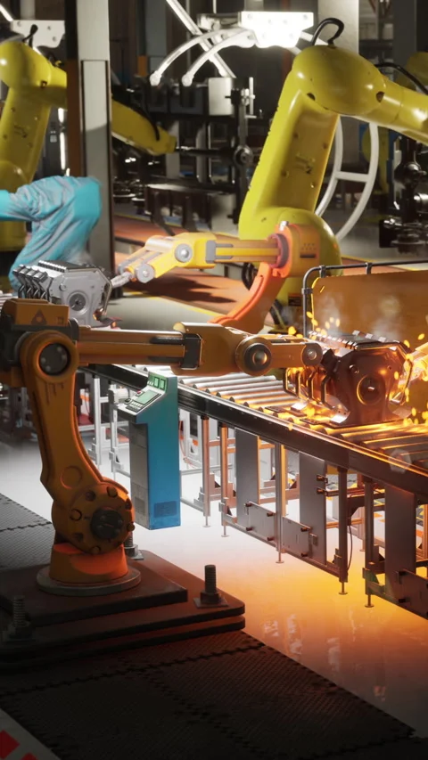 Robotic arms work in a factory setting during daytime on a production line Stock Footage 339772313