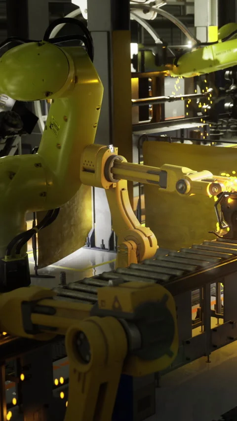 Robotic arms work harmoniously in an advanced manufacturing facility Stock Footage 331834873