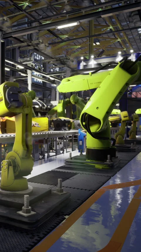 Robotic arms work in harmony on an assembly line in a modern factory setting Stock Footage 331694082