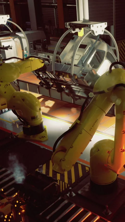 Robotic arms work in harmony during automated manufacturing in modern factory Stock Footage 331834858