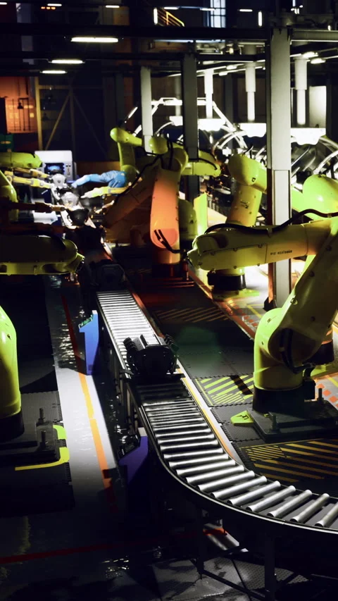 Robotic arms work together in a bustling factory assembly line at night Stock Footage 331834845